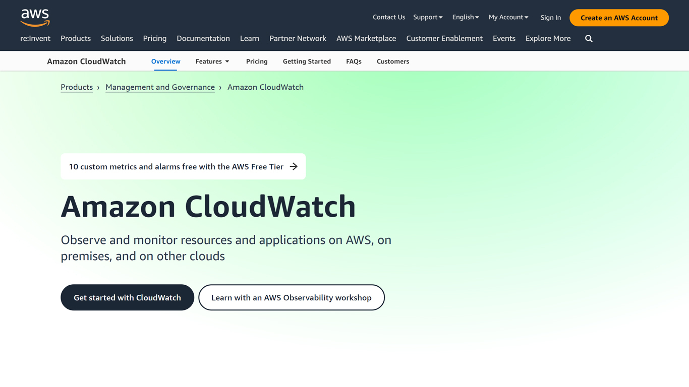 Home page of the Amazon CloudWatch