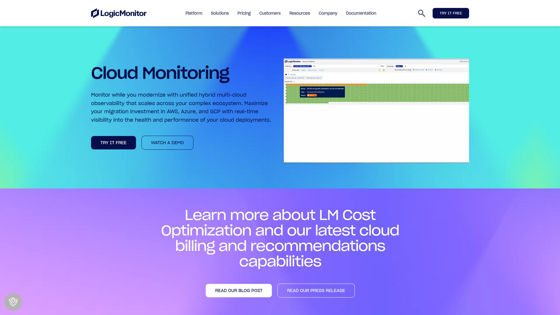 Screenshot of the cloud monitoring landing page by LogicMonitor