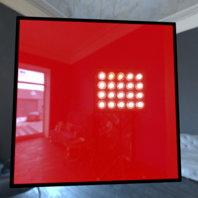 ePBR material intrinsic evaluation. (a) The only opaque surface in this figure, as the Metallic (M) increases, the reflectance tint from light color (white) to metal color (red here); (b) Roughness (R) influences how blurry both reflection and transmission appear; (c) Transparency (T) controls how clear the background that can be seen; (d) Albedo (A) indicates the color of the thin slab, and the background color would also be influenced.