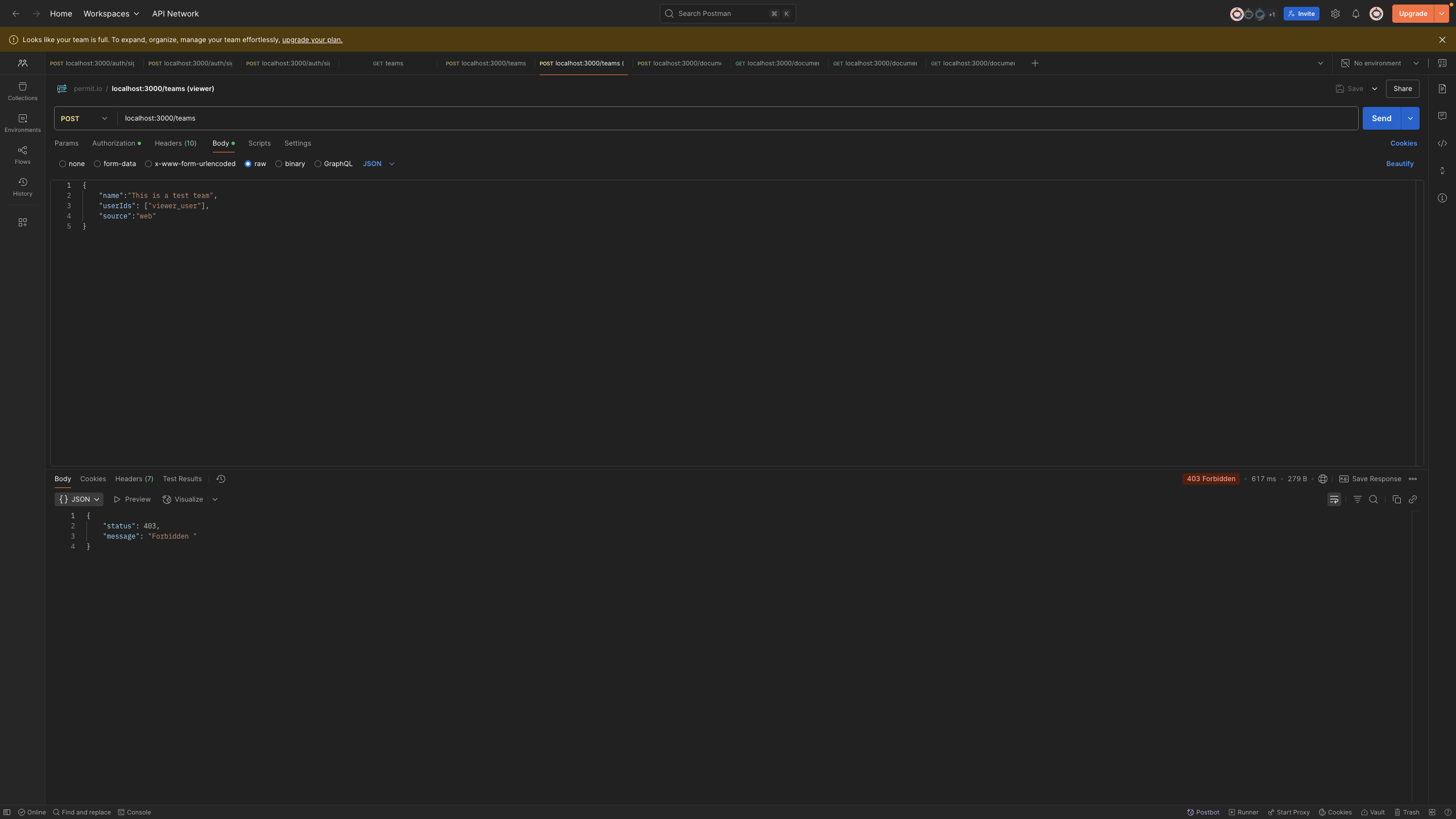 RBAC - Create team (disallowed access)