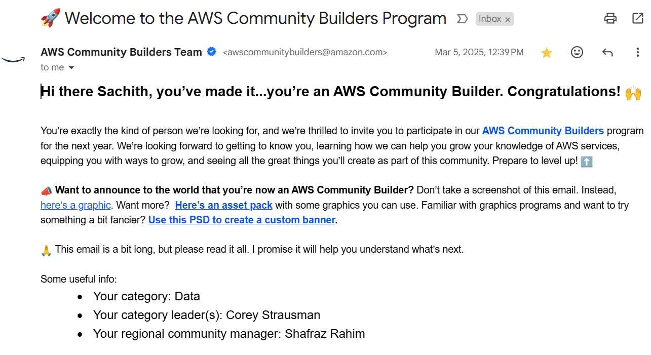 AWS Community Builder acceptance email