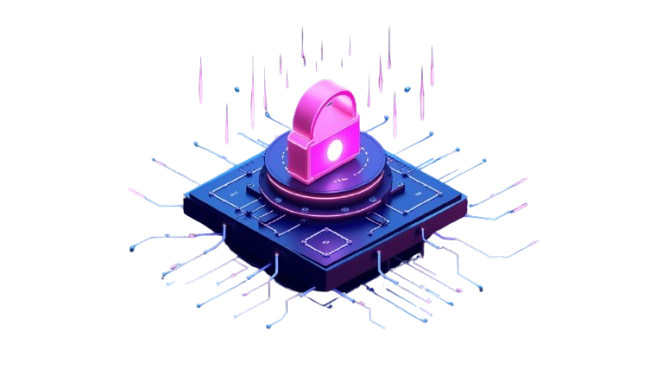 A digital vault surrounded by layers of encryption patterns, locked tightly in a vibrant high-security server environment.