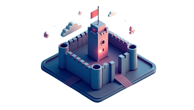 A heavily fortified API fortress standing resilient against waves of cyber-attacks, with shields made of code and encryption algorithms.