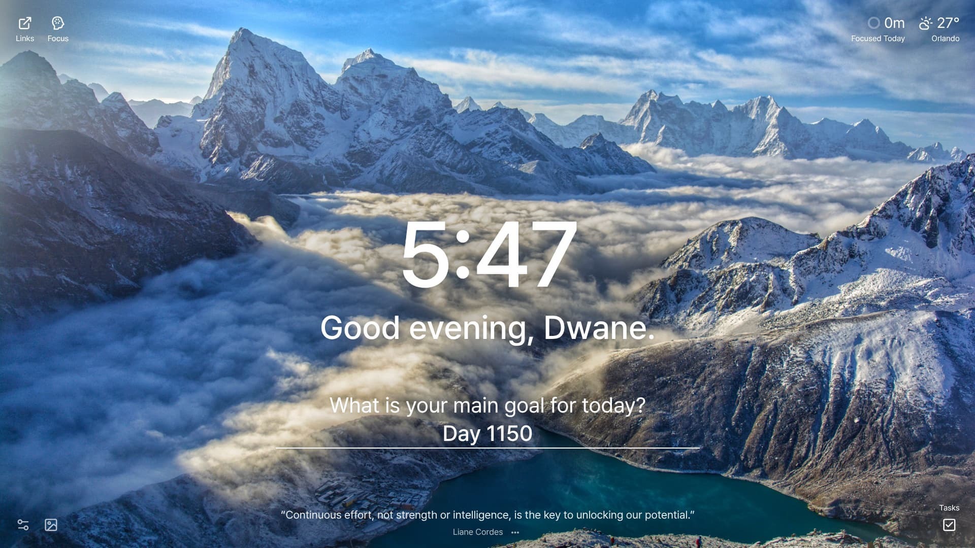 A breathtaking mountain landscape featuring towering, snow-capped peaks rising above a sea of clouds. A turquoise lake is visible in the foreground. The time 5:47 is displayed in the center. The location is Gokyo Lake, Nepal.