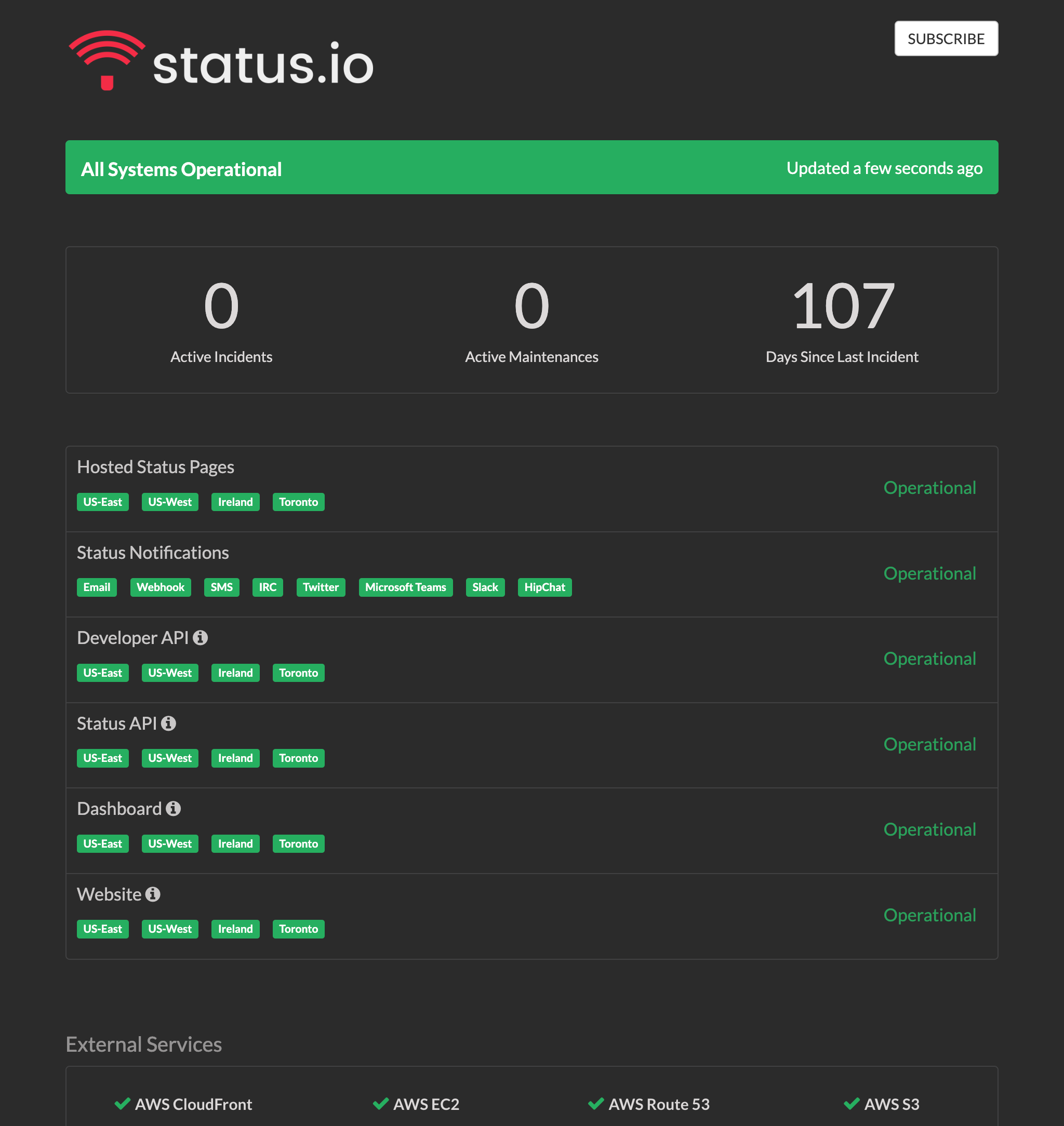 Example of a status page by Status.io