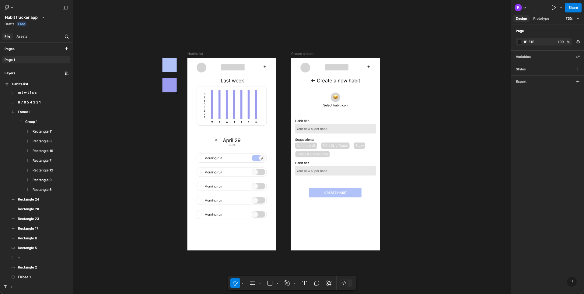 Early Figma designs showing the first UI screens of our habit tracker app, based on the initial wireframes.