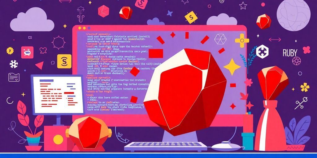 Vibrant web development scene with Ruby elements and tools.