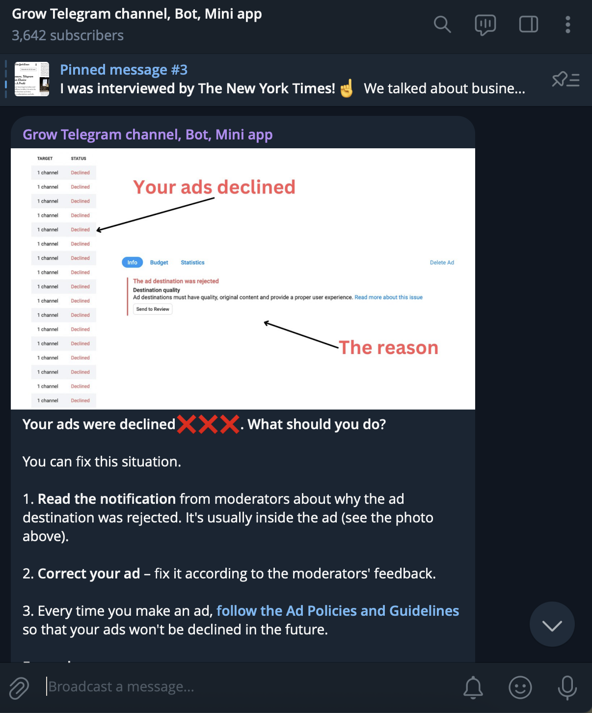 Example of a telegram channel about business