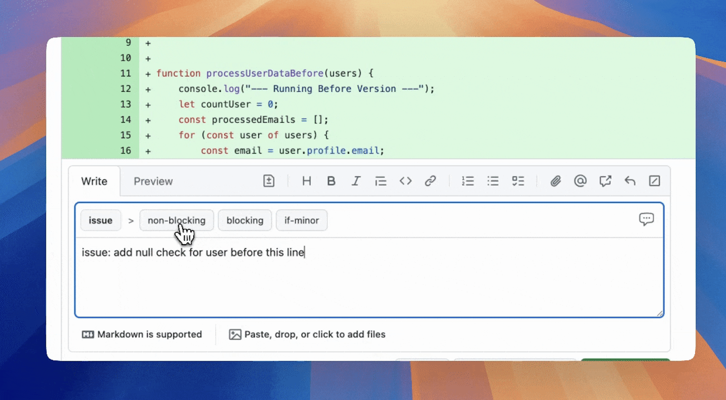 toolbar in github comment box