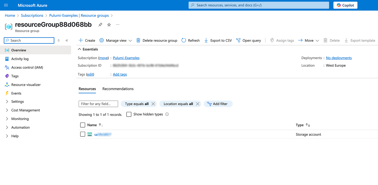 Created Azure resources