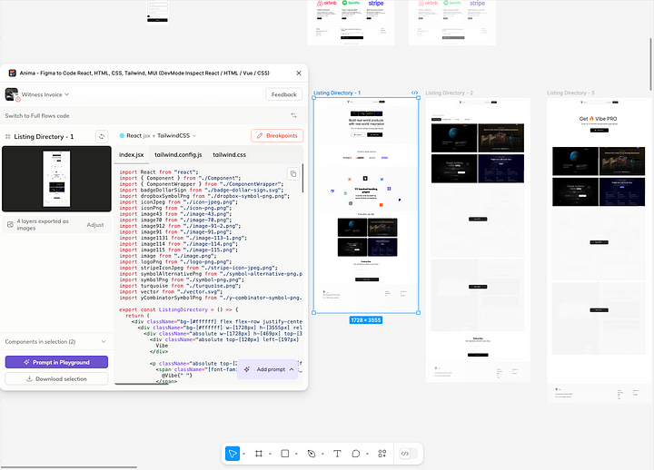 Anima plugin converting figma landing page SAAS app design into React code