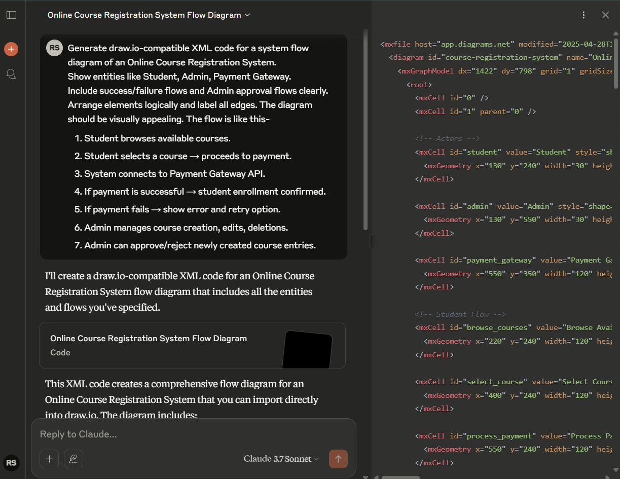 Claude’s output showing XML code