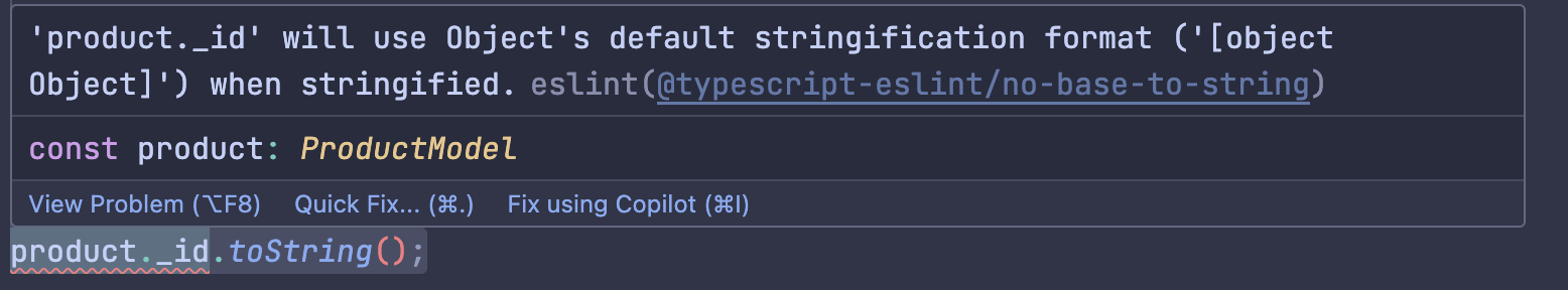 Image of Visual Studio Code showing an error when trying to convert an ObjectId to a string