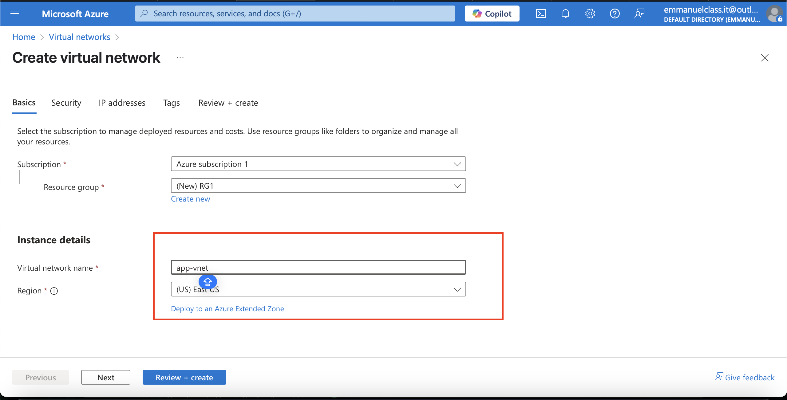 Virtual network name & region