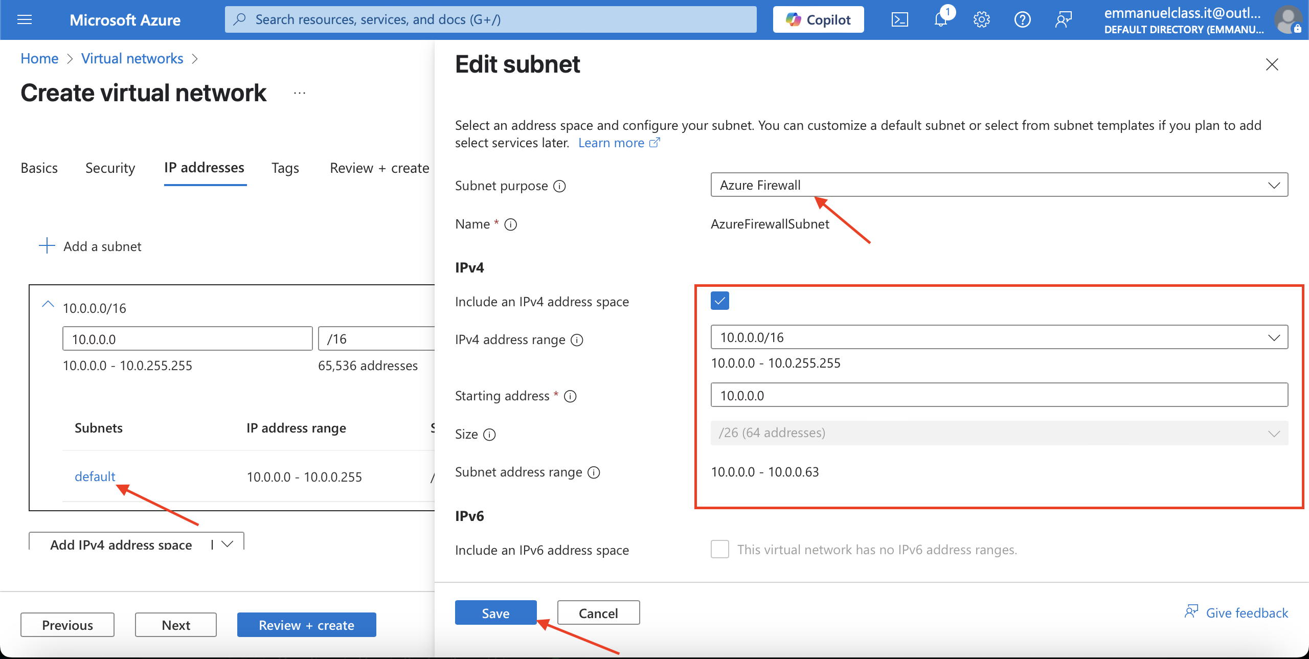 Subnet name & Subnet address range