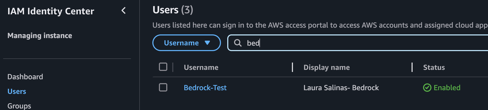 Screenshot of the IAM Identity Center pane with a user 