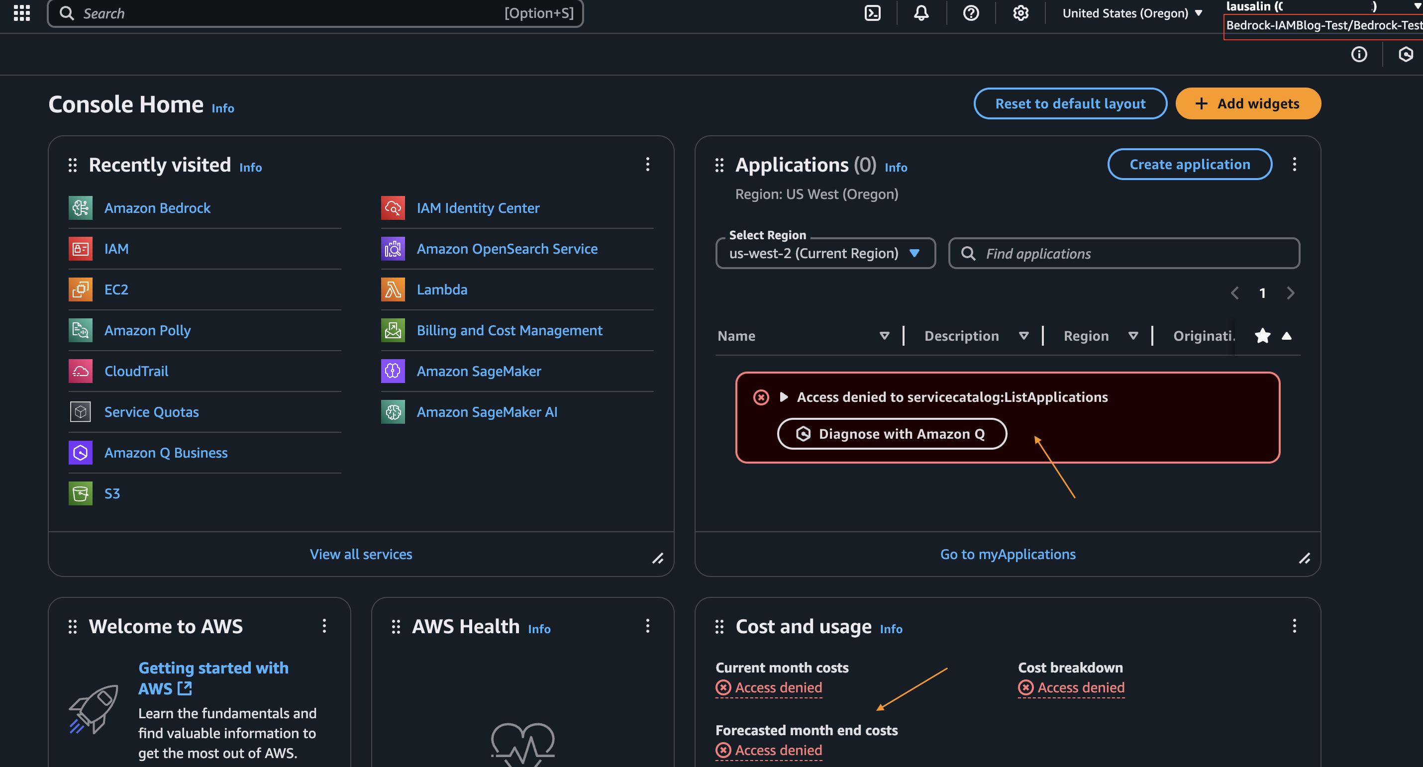 Screenshot of the AWS management console with a red box showing the user 