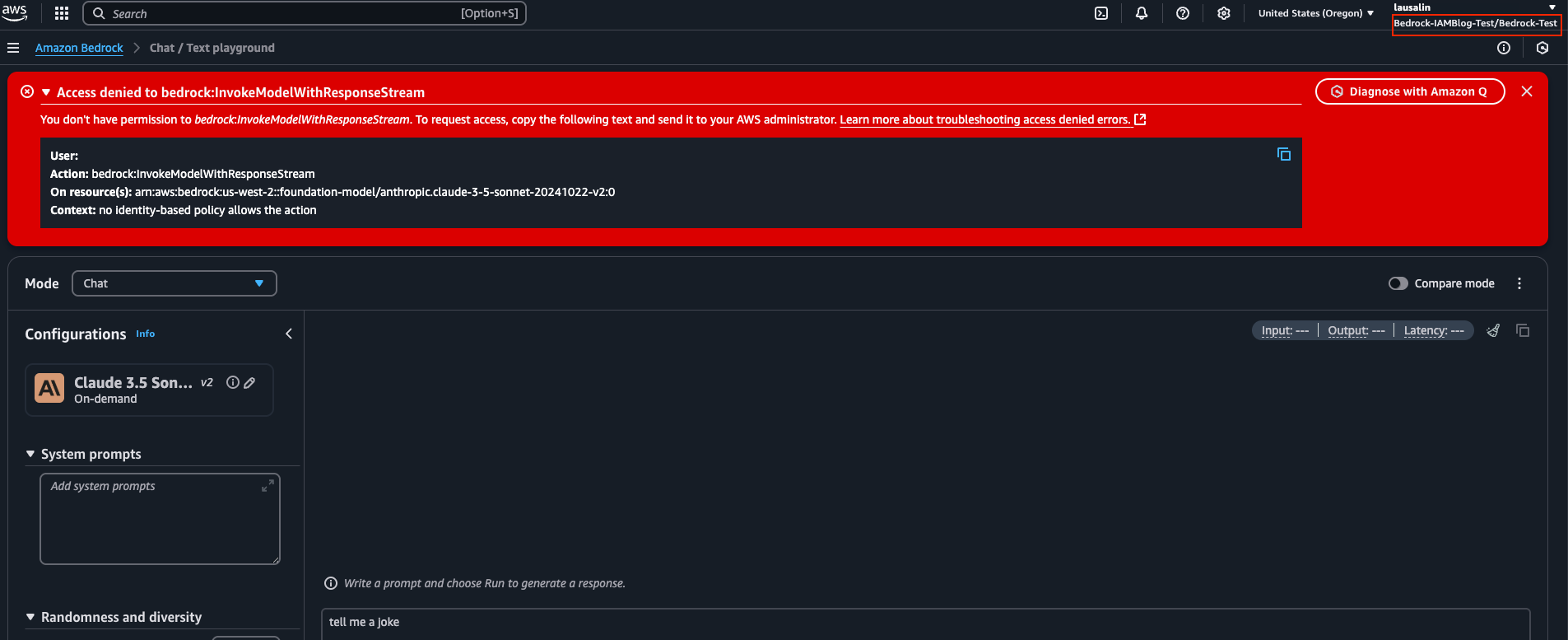 Screenshot of the AWS Bedrock playground with access denied. A red box indicating the user 'Bedrock Test'