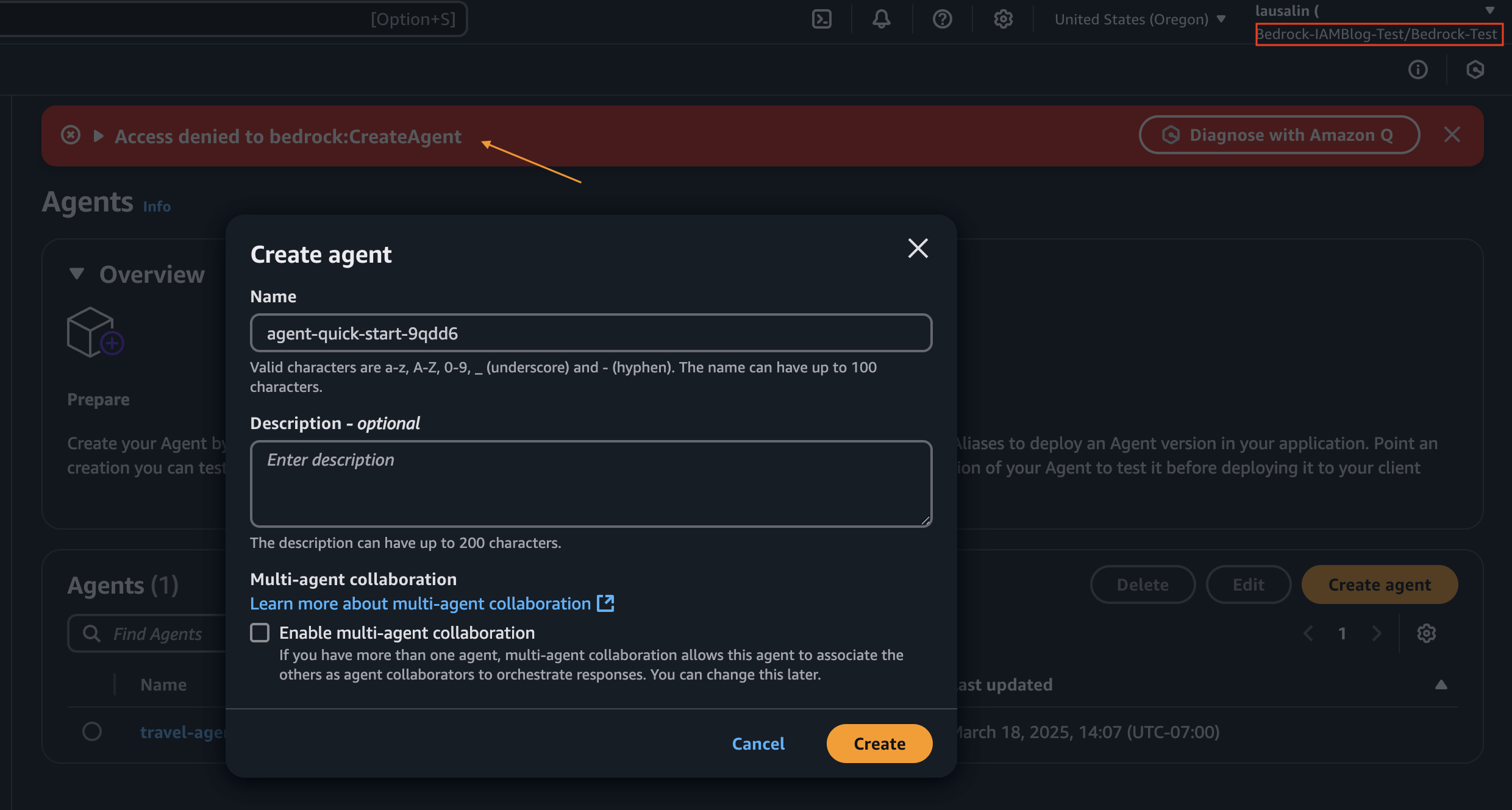 Screenshot of AWS management console with Bedrock service showing access denied to Agents feature