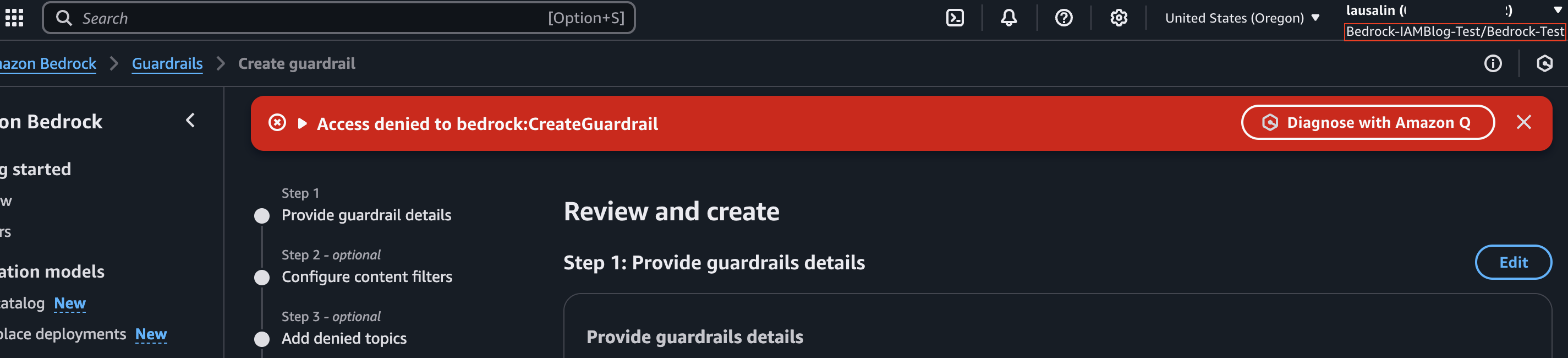 Screenshot of AWS management console with Bedrock service showing access denied to Guardrails feature