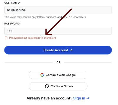 Sign-up form with fields for username and password. A dark arrow points to the red error message that states, 
