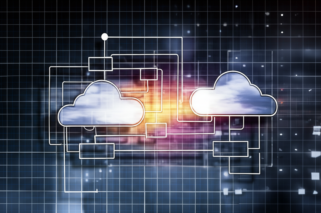An abstract representation of a collaborative team, with arrows and flowcharts connected through cloud formations, symbolizing the flow of ideas and version control in a team setting, with a modern artistic impression. This should have a tech-vibe fusion and rendered in 4k resolution.