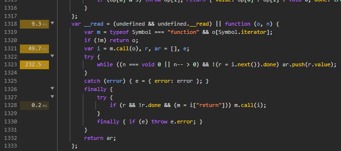 In line profiling data in chromium > source tab
