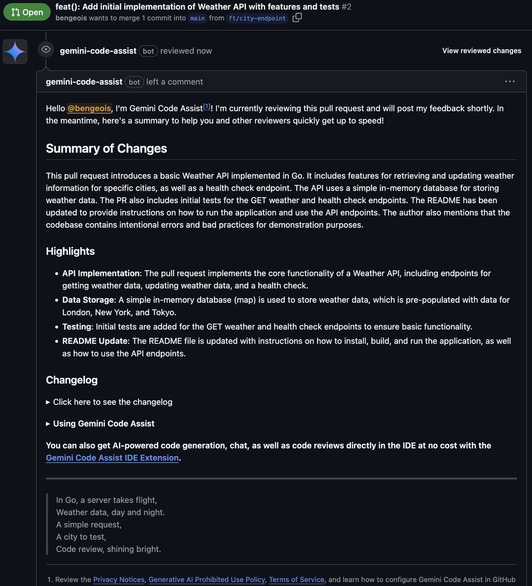 A screenshot of Pull Request Summary from Gemini Code Assist
