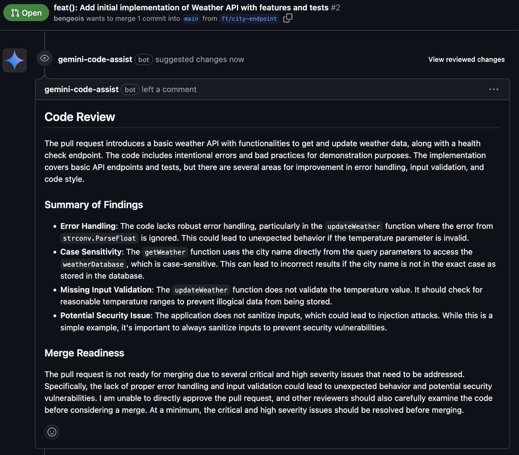 A screenshot of Code Review Summary from Gemini Code Assist