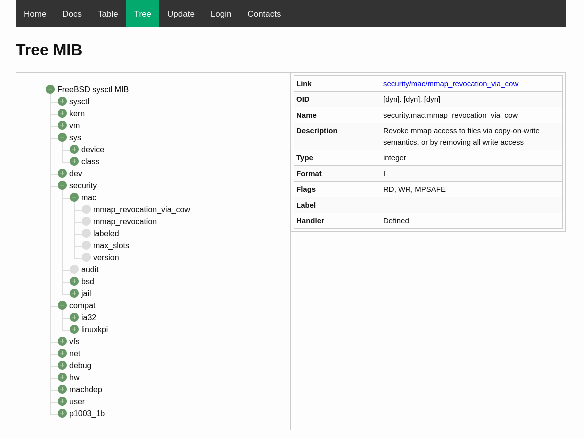 FreeBSD sysctl MIB represented like a tree. Actually it is a screen shot of the web page: http://websysctl.alfonsosiciliano.net/tree