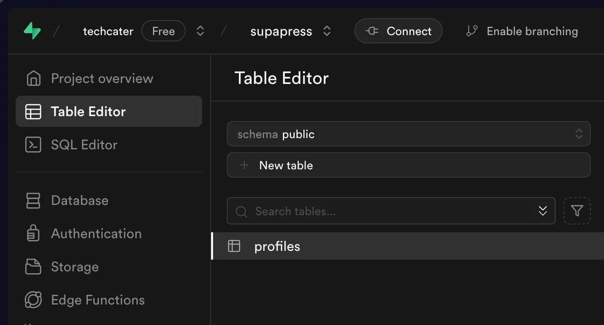 Create a new supabase table