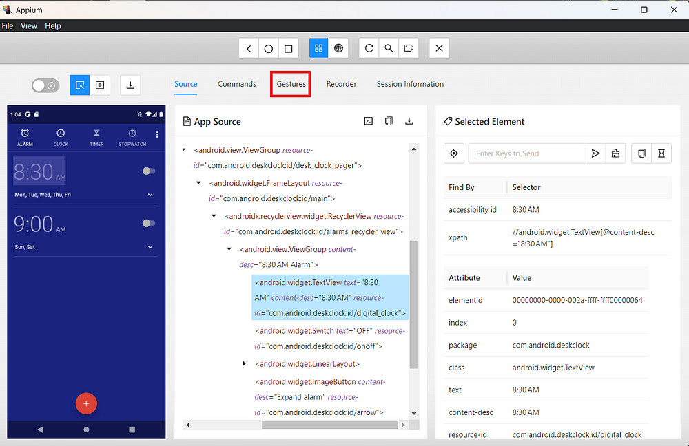 Appium Inspector - Gestures Builder