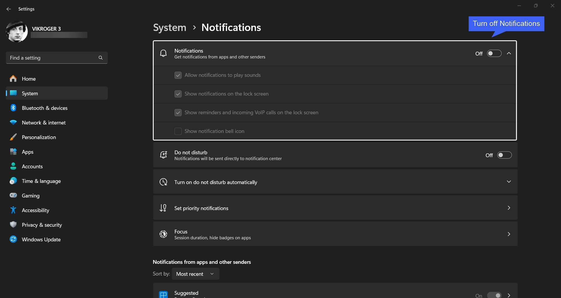 Turn off Notifications on Windows 11
