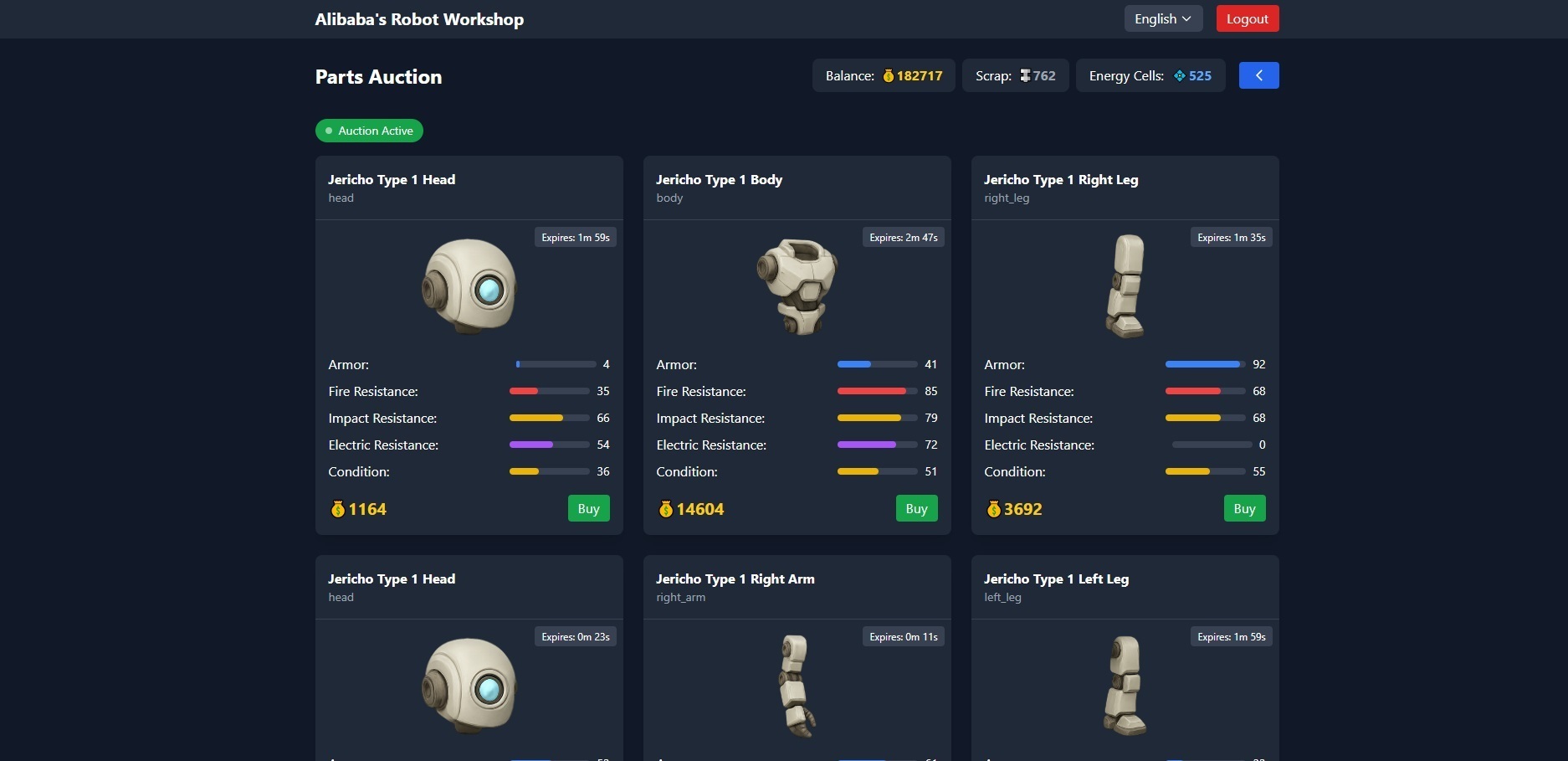 Dynamic auction system where players acquire robot parts