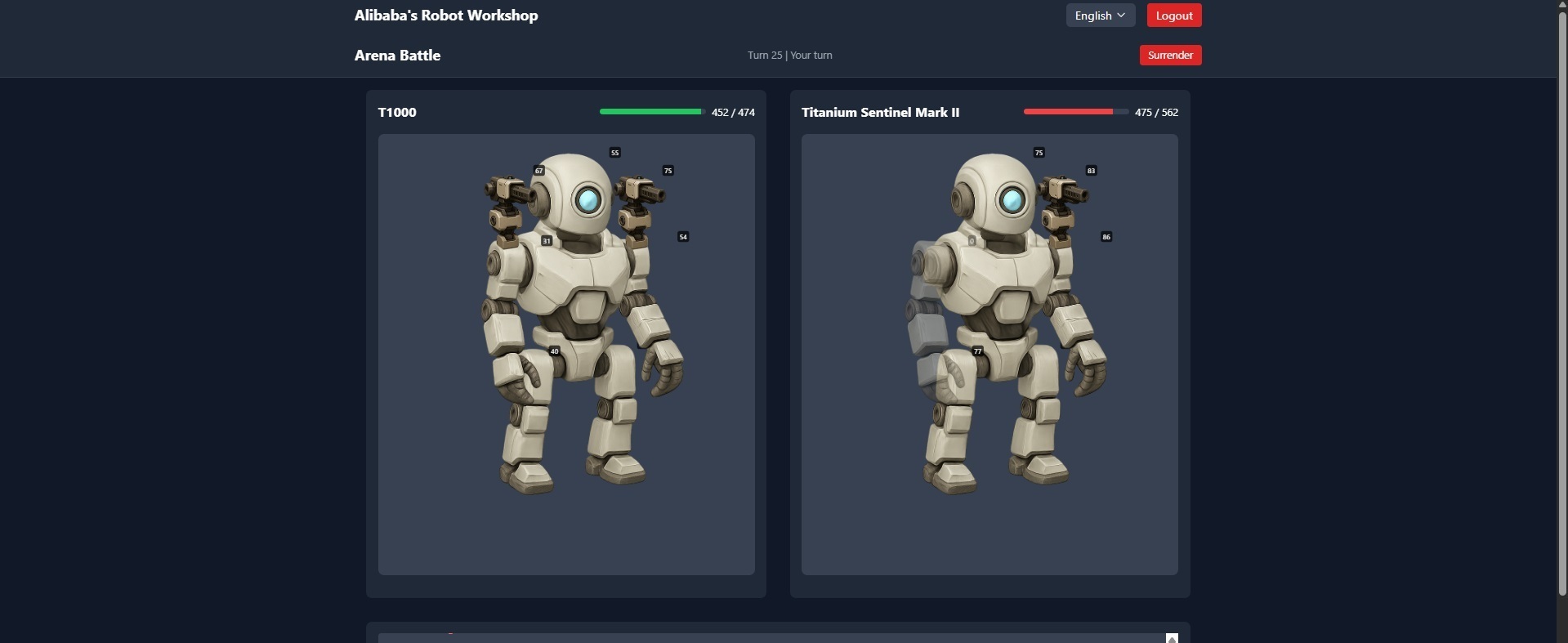 Turn-based battle system where players test their robots