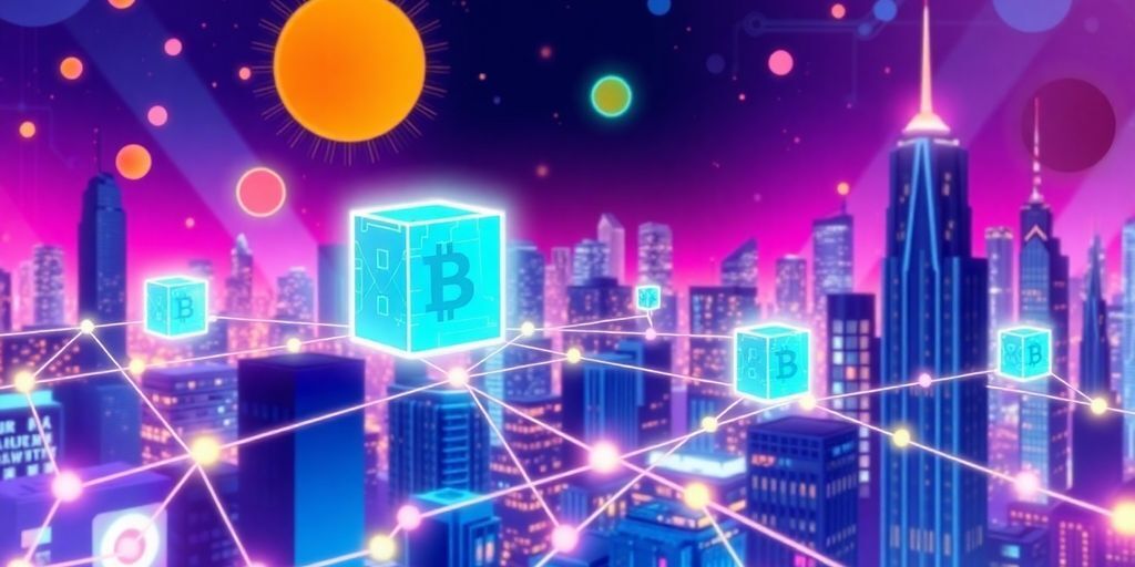 Illustrative blockchain technology with digital blocks and cityscape.