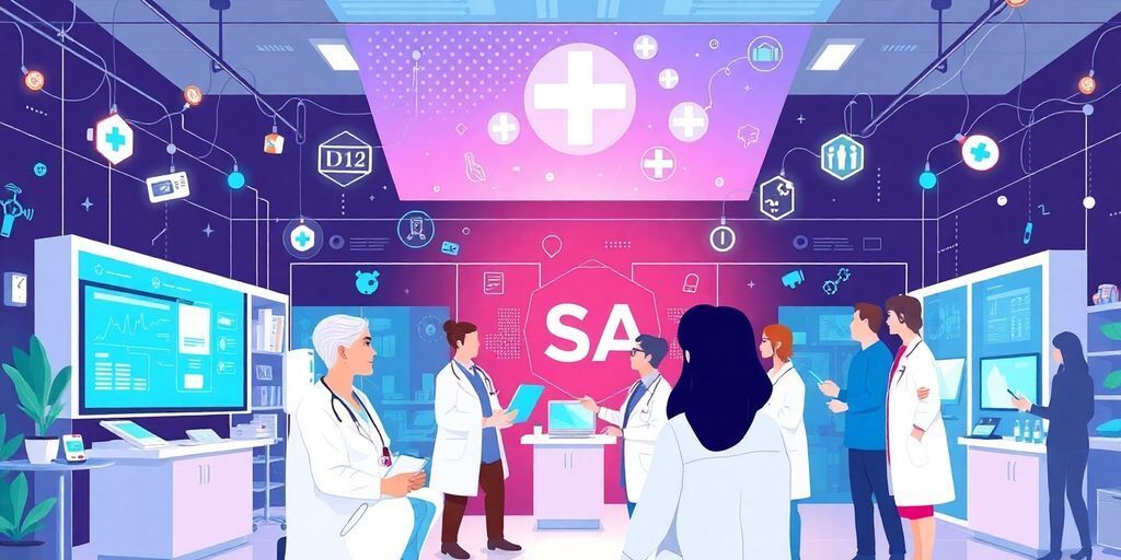 Illustration of health tech startups and innovative healthcare solutions.