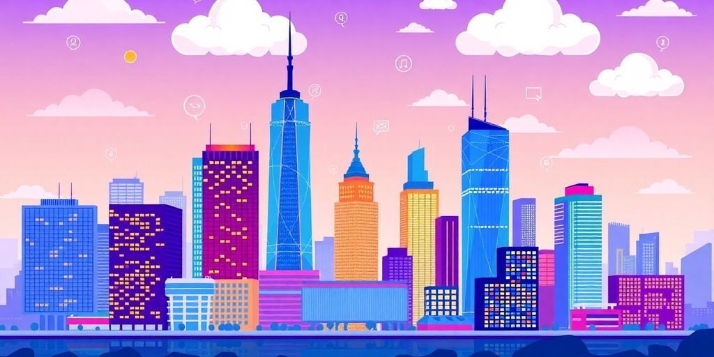 Illustration of city skyline with SaaS technology elements.