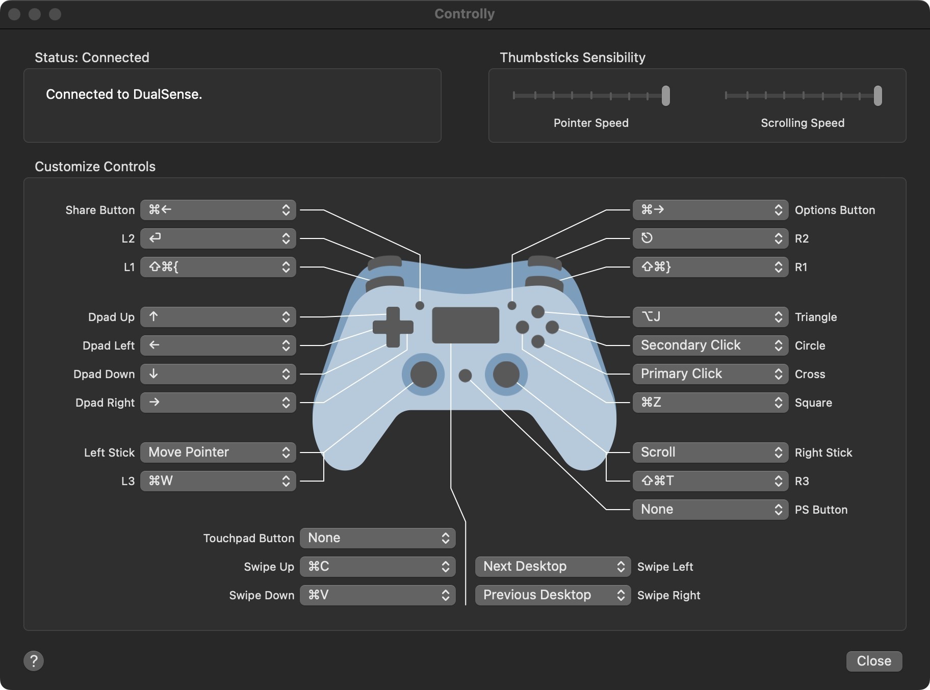 A picture of Controlly settings panel with all gamepad buttons assigned to most common computer actions and mouse clicks