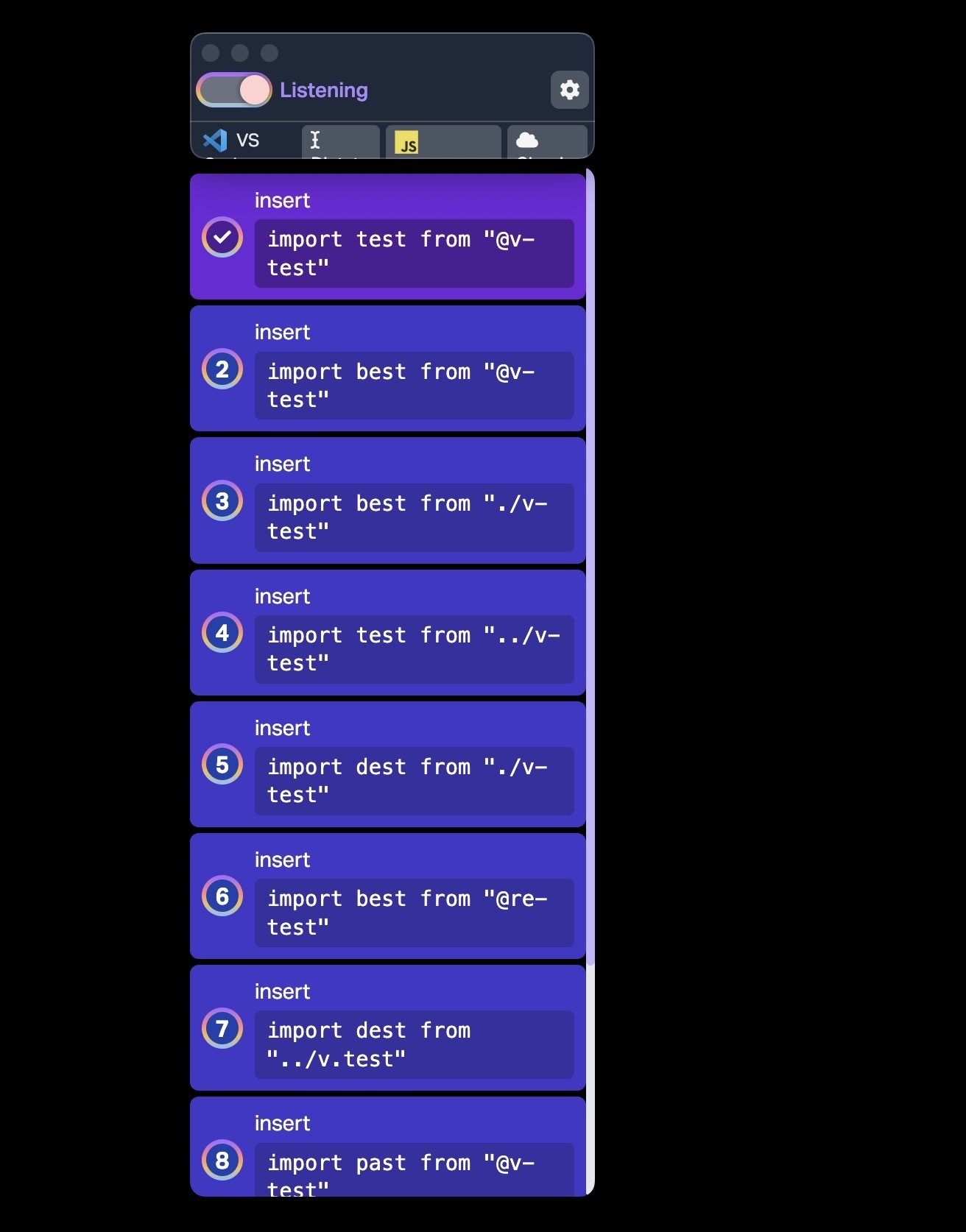Serenade displays an overlay with recognized text and possible alternatives