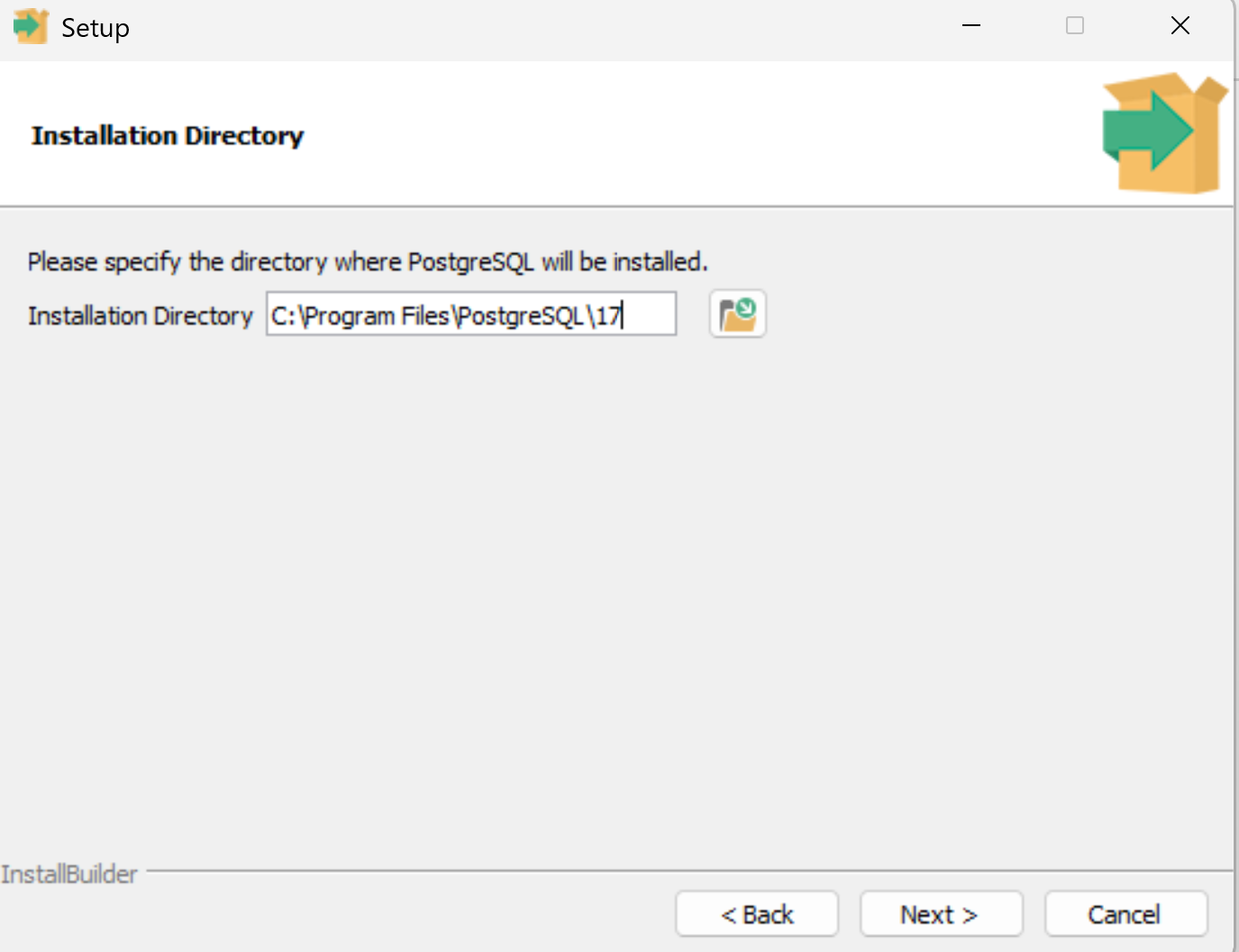 Choosing the installation directory for postgresql