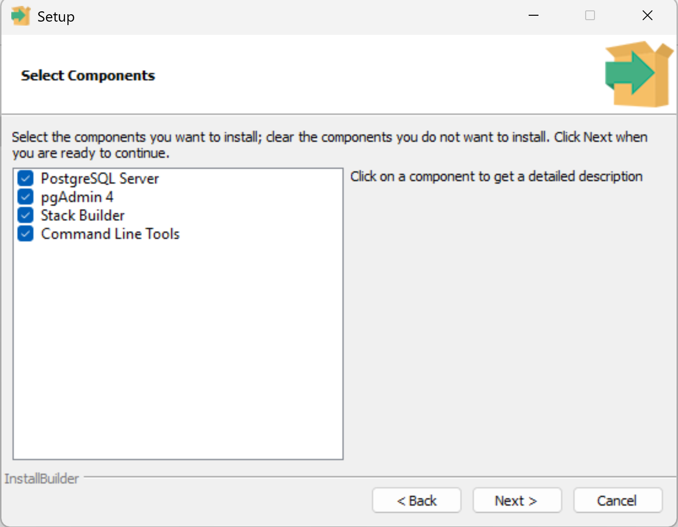 Selecting the components to install for postgresql