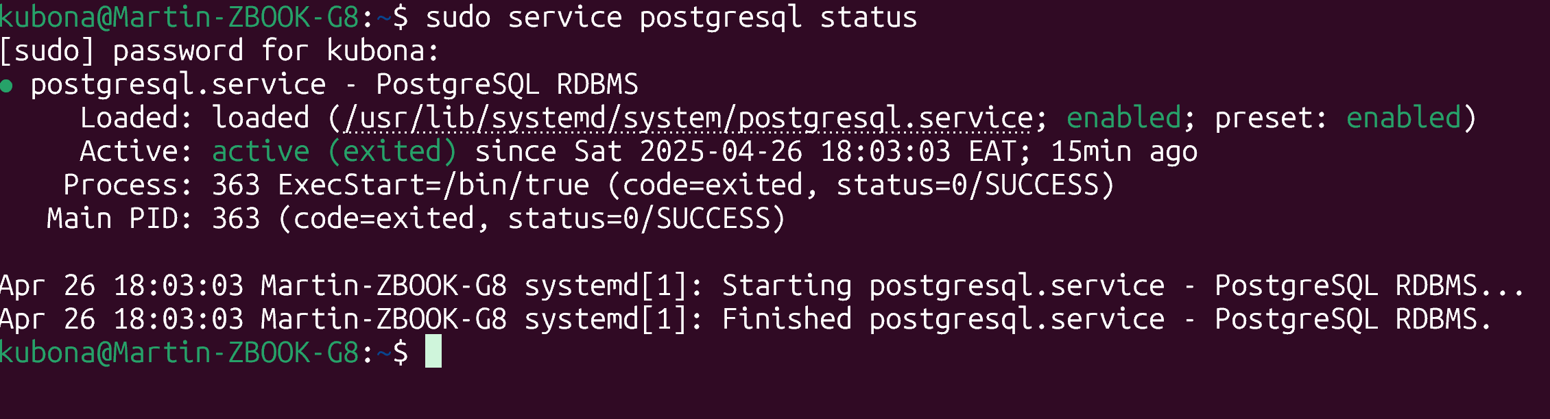 Postgresql active and running on ubuntu wsl2
