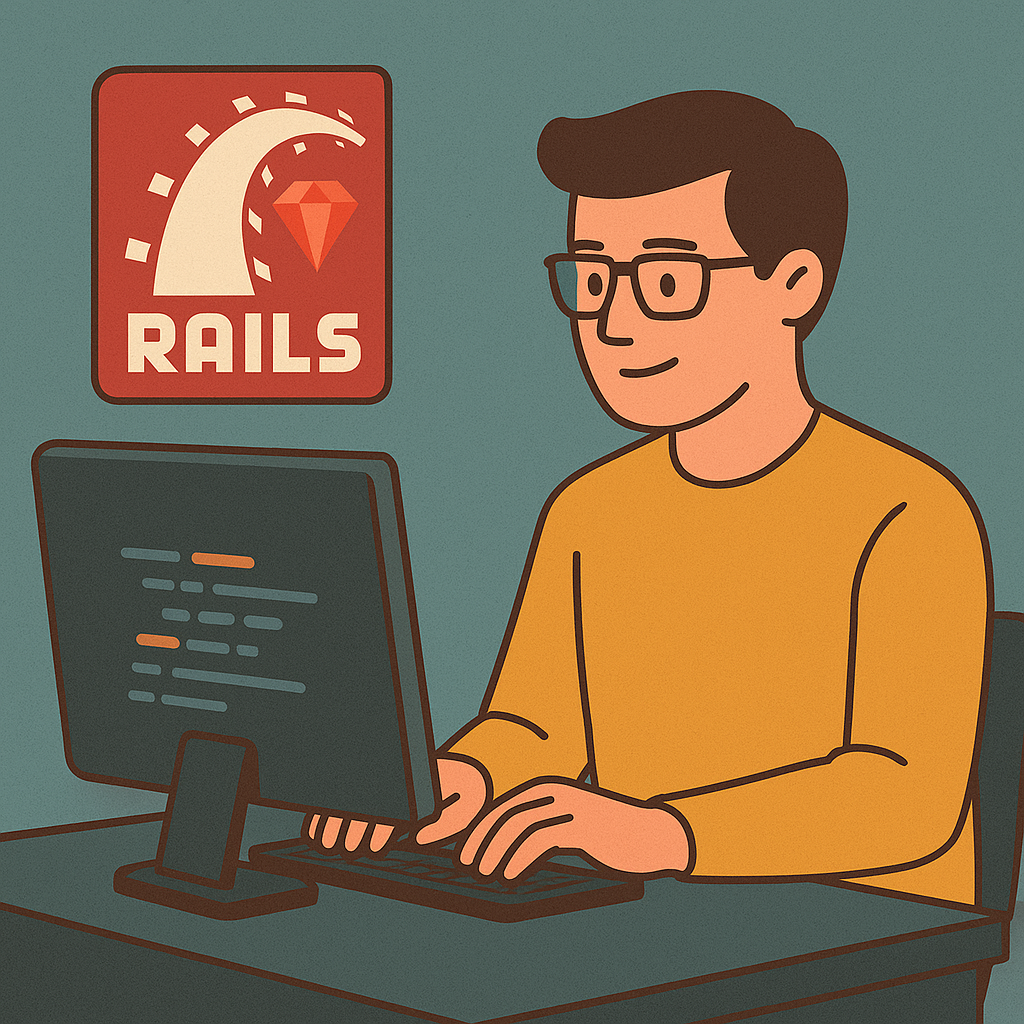 Um programador ruby on rails sentado junto a um computador programando
