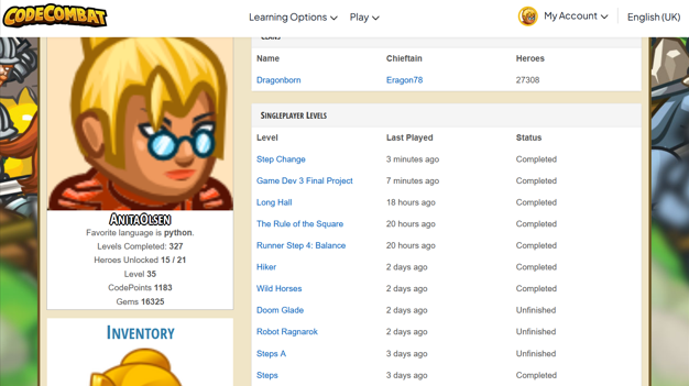 My profile on CodeCombat