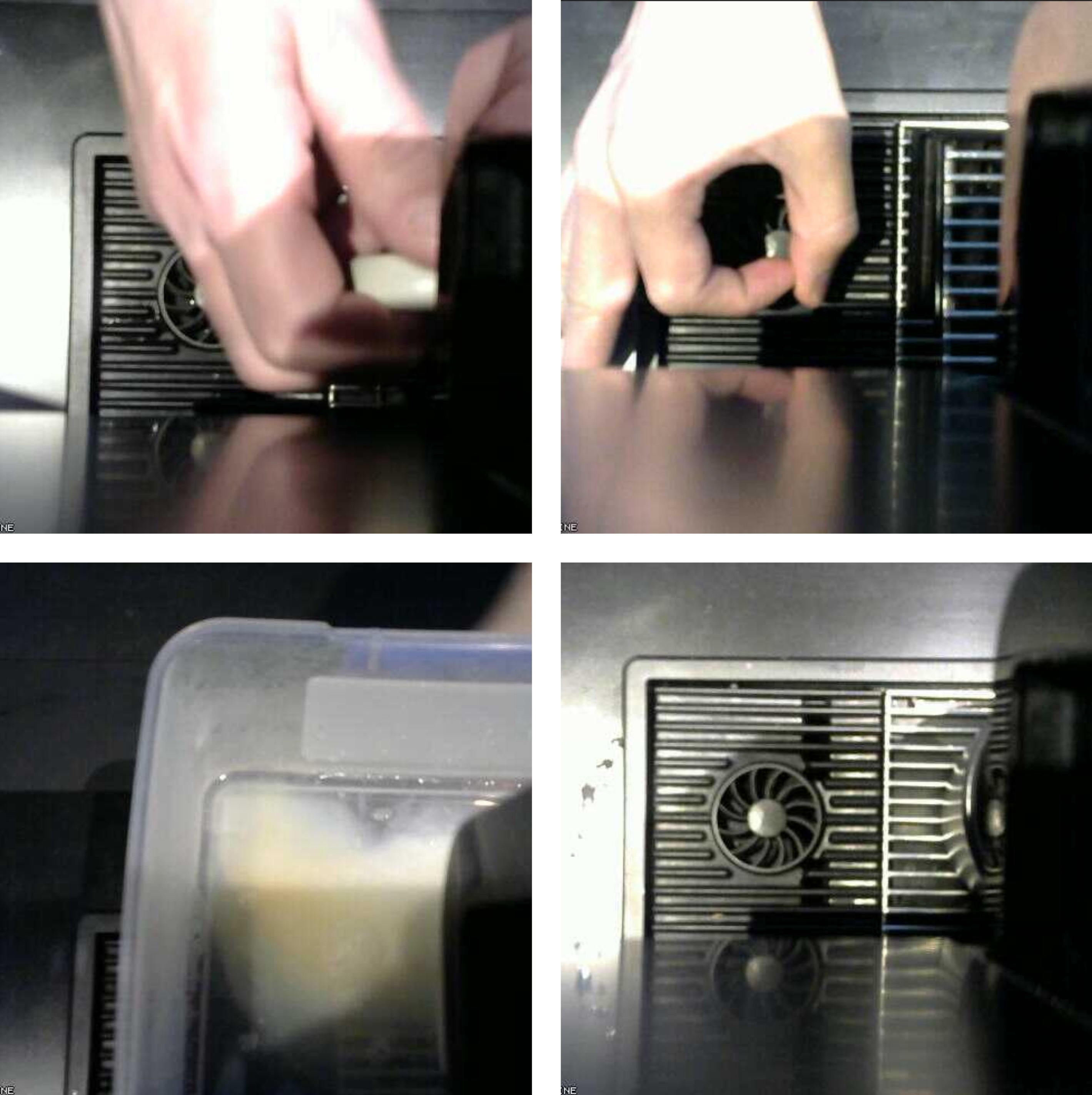 Someone grabbing a cup, a colleague messing up my test set, the cleaning box, and no box at all (TL to BR)