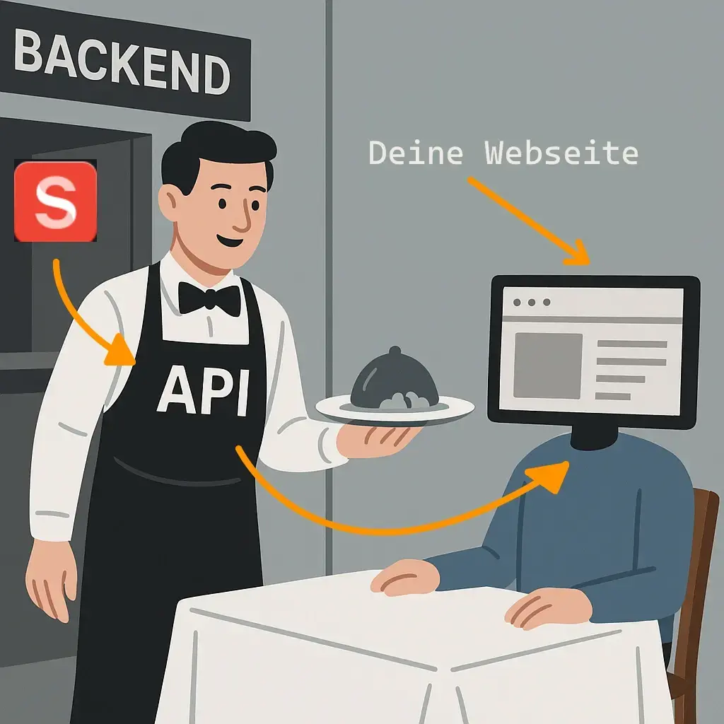 Illustration eines freundlichen Kellners, der Daten (API) aus der Küche (CMS) serviert