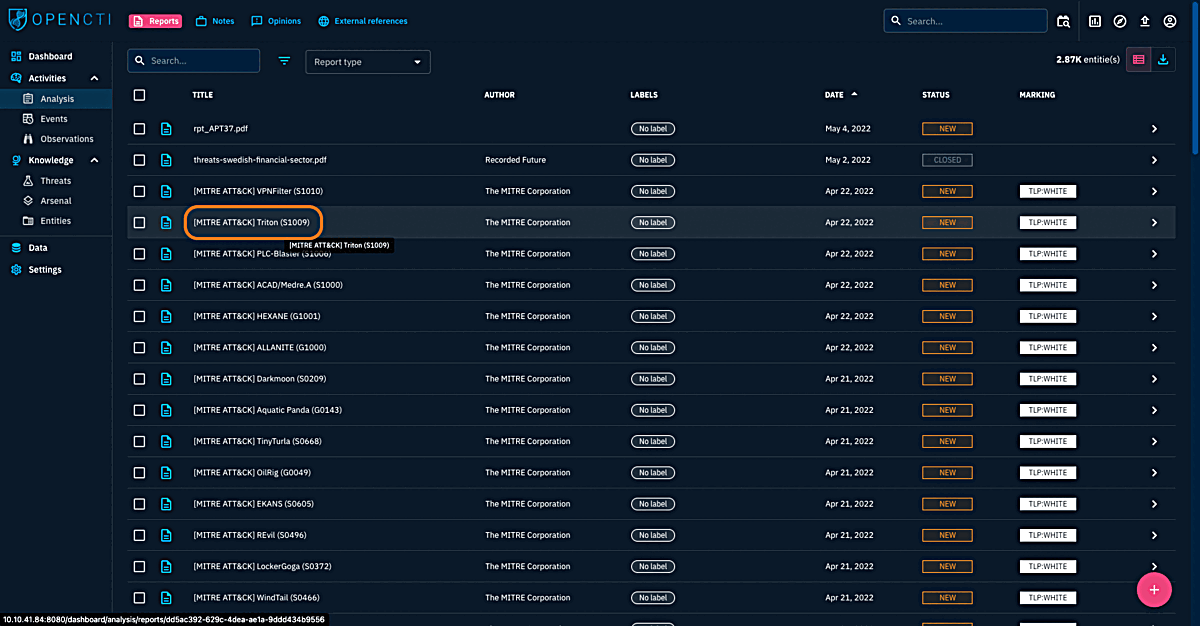 OpenCTI Analysis Tab showing MITRE Triton Report