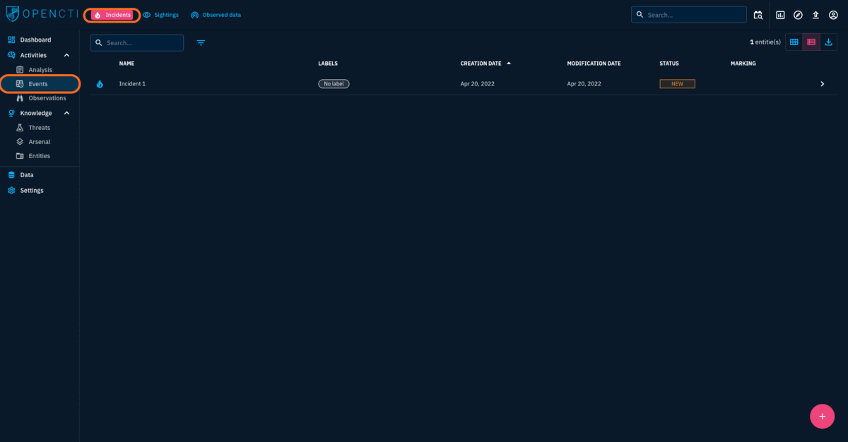 OpenCTI Events Tabs