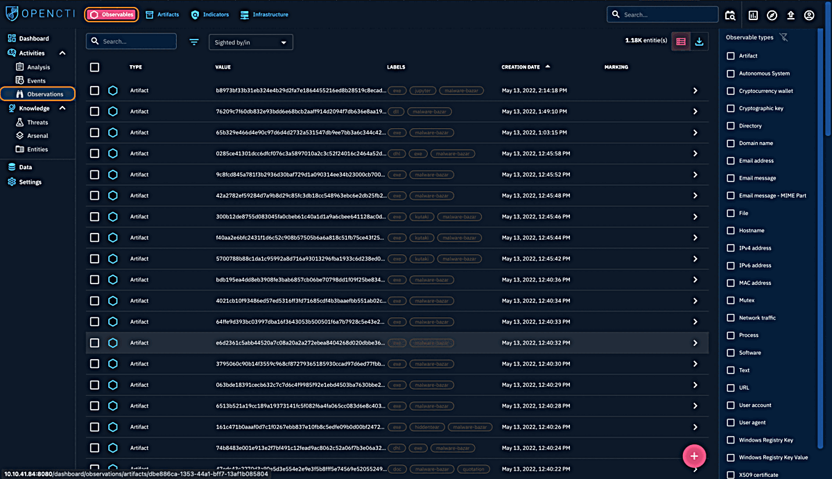 OpenCTI Observations Tabs